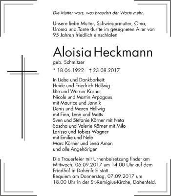 Traueranzeige von Aloisia Heckmann 