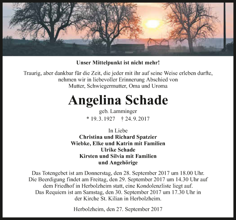  Traueranzeige für Angelina Schade vom 27.09.2017 aus 