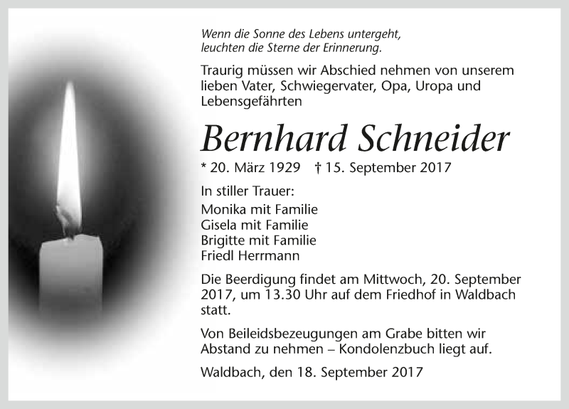  Traueranzeige für Bernhard Schneider vom 18.09.2017 aus 