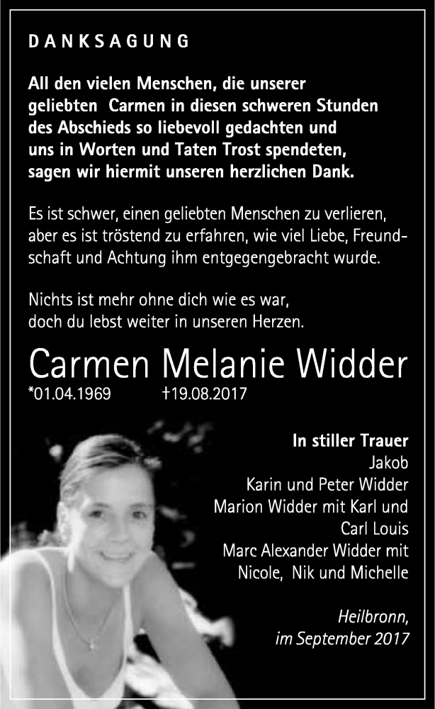  Traueranzeige für Carmen Melanie Widder vom 09.09.2017 aus 
