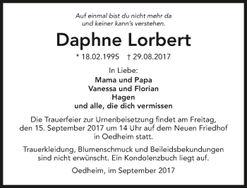 Traueranzeige von Daphne Lorbert 