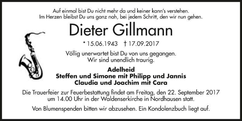  Traueranzeige für Dieter Gillmann vom 20.09.2017 aus 