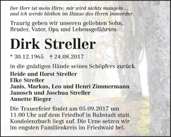 Traueranzeige von Dirk Streller 
