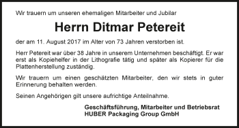 Traueranzeige von Ditmar Petereit 