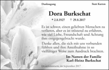 Traueranzeige von Dora Burkschat 