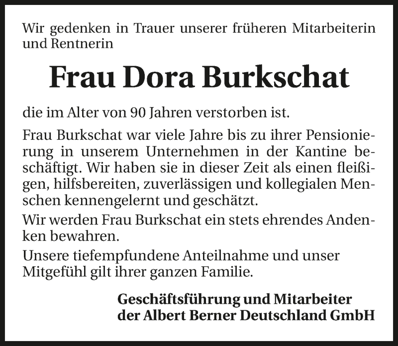 Traueranzeige für Dora Burkschat vom 19.09.2017 aus 