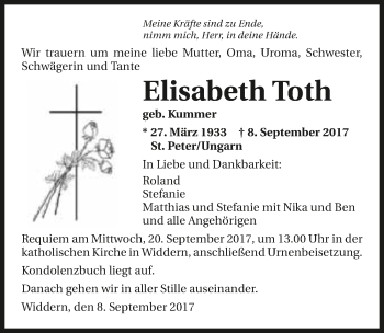 Traueranzeige von Elisabeth Toth 