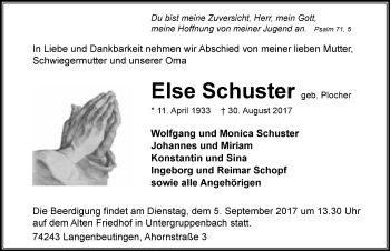 Traueranzeige von Else Schuster 