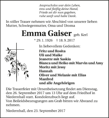 Traueranzeige von Emma Gaiser 