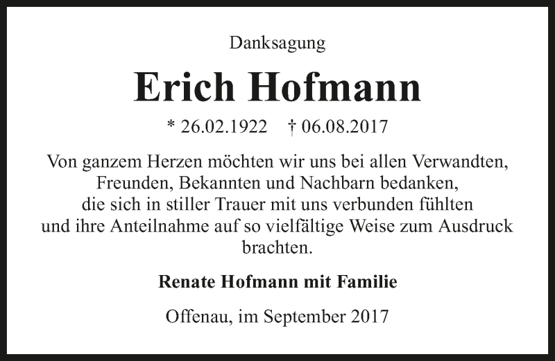  Traueranzeige für Erich Hofmann vom 09.09.2017 aus 