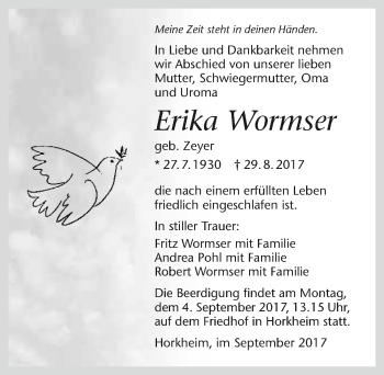 Traueranzeige von Erika Wormser 