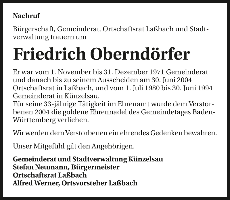  Traueranzeige für Friedrich Oberndörfer vom 23.09.2017 aus 