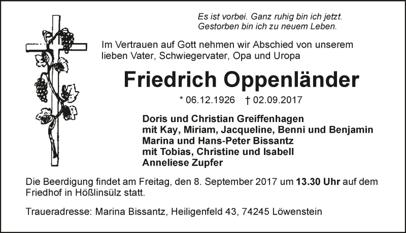  Traueranzeige für Friedrich Oppenländer vom 05.09.2017 aus 