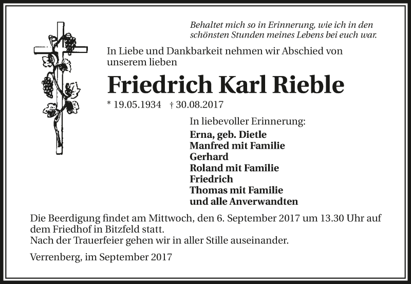  Traueranzeige für Friedrich Karl Rieble vom 04.09.2017 aus 