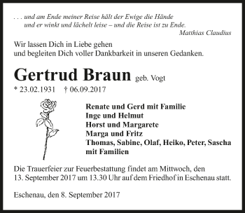Traueranzeige von Gertrud Braun 