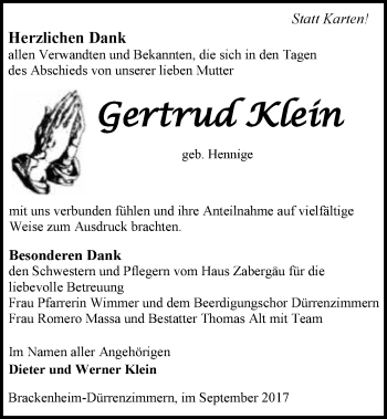 Traueranzeige von Gertrud Klein 