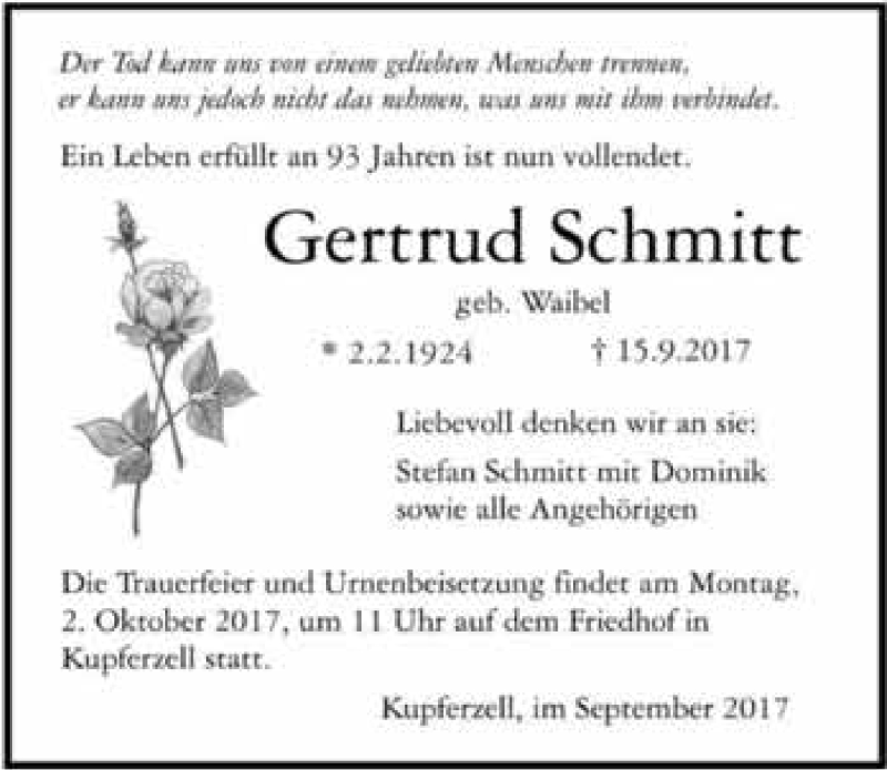 Traueranzeige für Gertrud Schmitt vom 28.09.2017 aus 