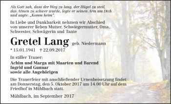 Traueranzeige von Gretel Lang 