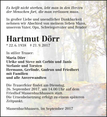 Traueranzeige von Hartmut Dörr 