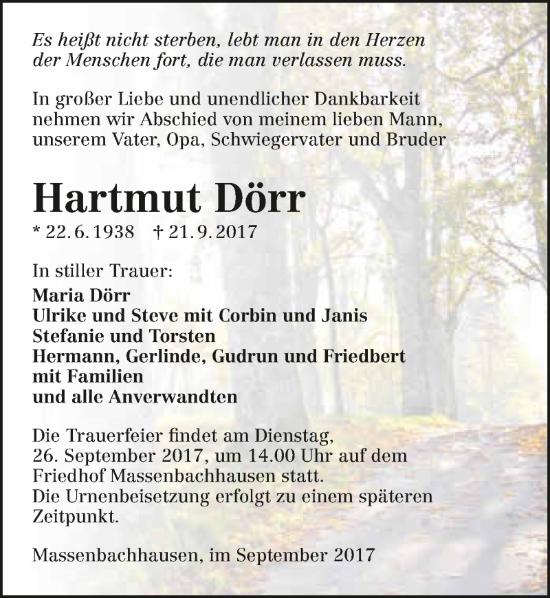  Traueranzeige für Hartmut Dörr vom 23.09.2017 aus 