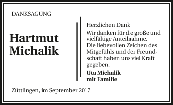 Traueranzeige von Hartmut Michalik 
