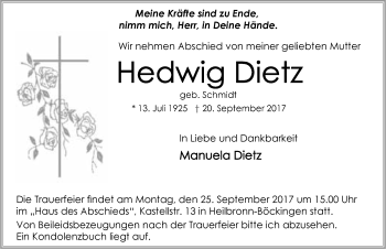 Traueranzeige von Hedwig Dietz 
