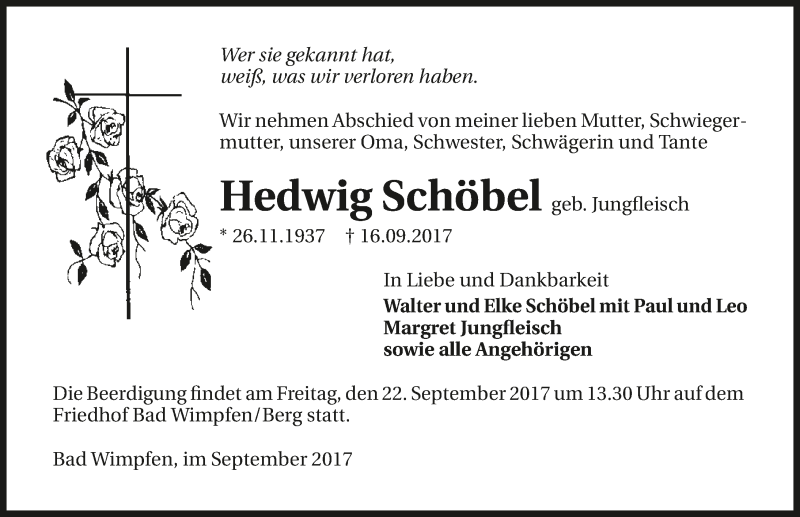  Traueranzeige für Hedwig Schöbel vom 19.09.2017 aus 