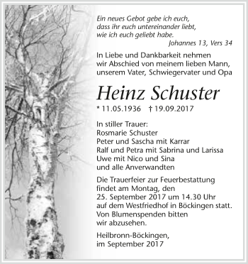 Traueranzeige von Heinz Schuster 