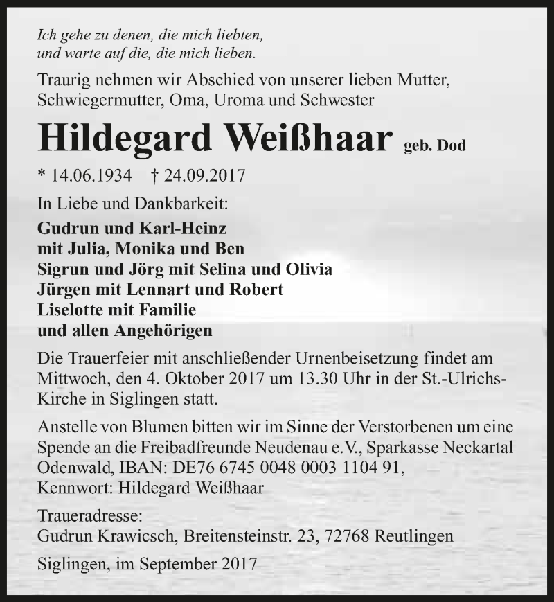  Traueranzeige für Hildegard Weißhaar vom 30.09.2017 aus 