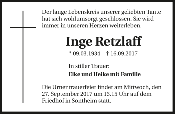 Traueranzeige von Inge Retzlaff 