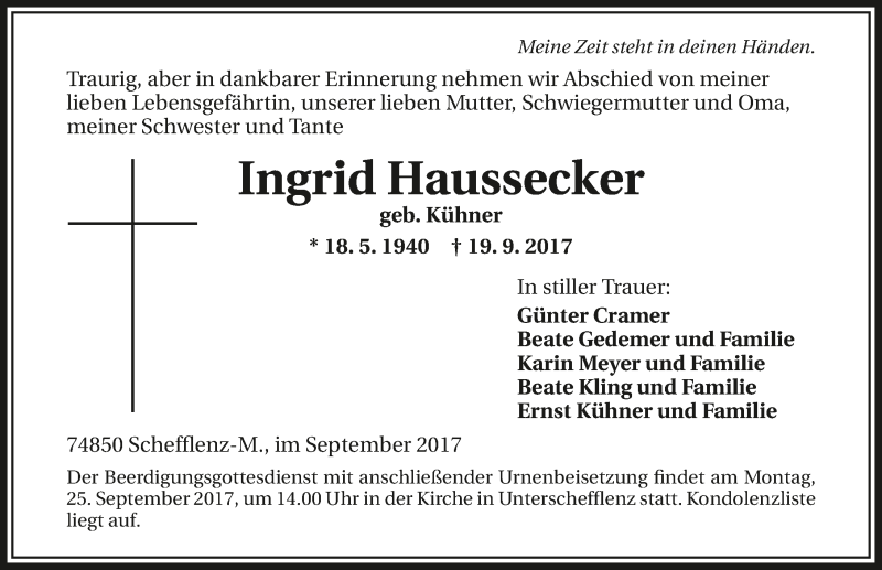  Traueranzeige für Ingrid Haussecker vom 23.09.2017 aus 