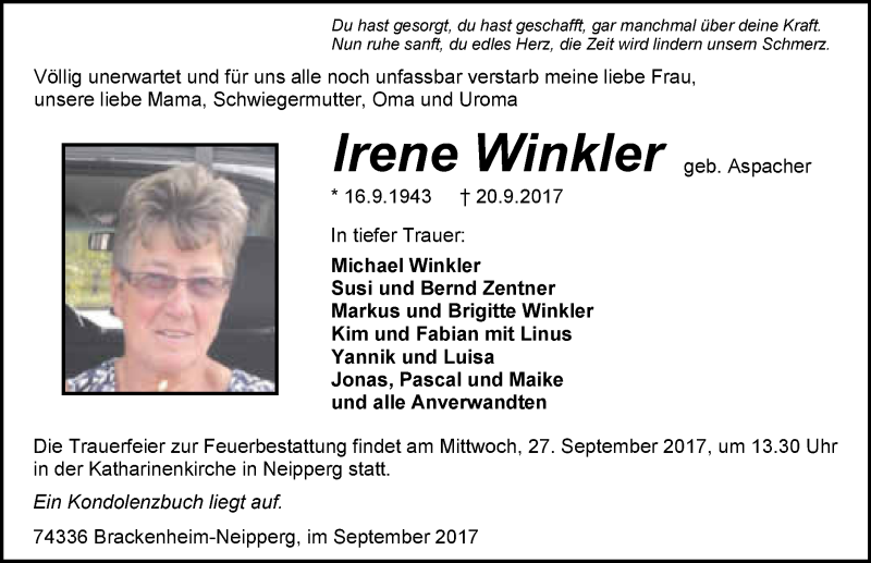  Traueranzeige für Irene Winkler vom 23.09.2017 aus 