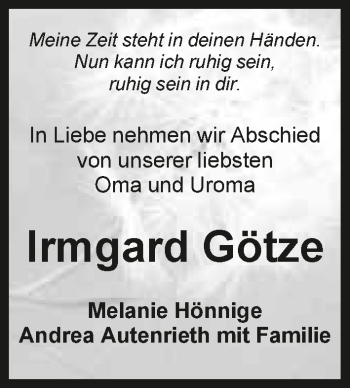 Traueranzeige von Irmgard Götze 