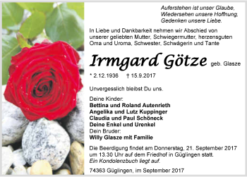 Traueranzeige von Irmgard Götze 