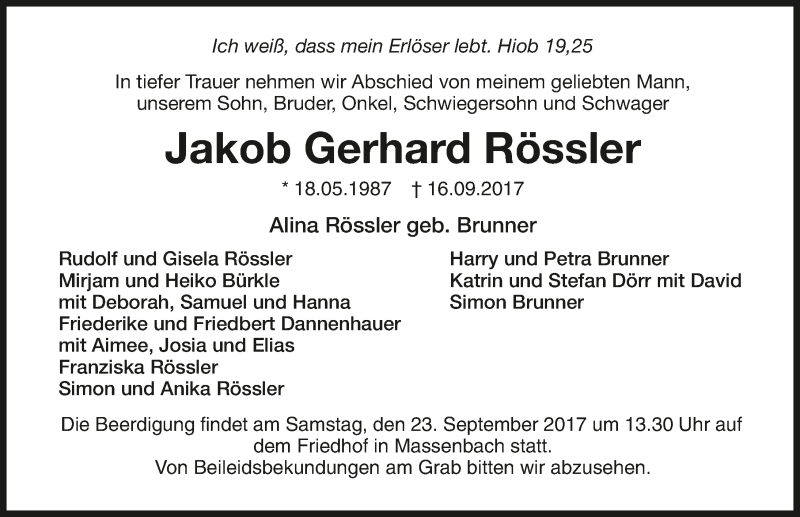  Traueranzeige für Jakob Gerhard Rössler vom 21.09.2017 aus 