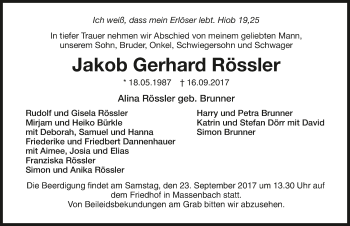 Traueranzeige von Jakob Gerhard Rössler 