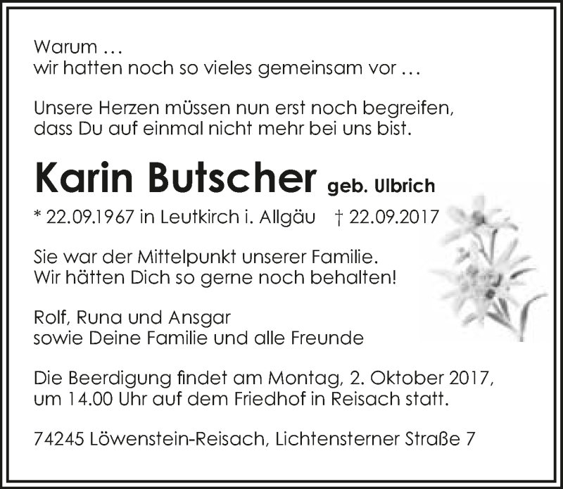  Traueranzeige für Karin Butscher vom 27.09.2017 aus 