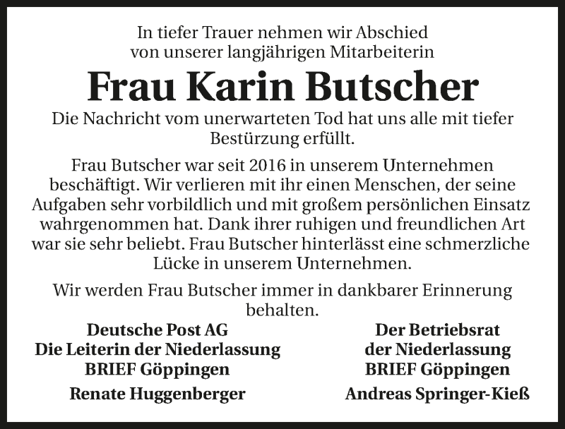  Traueranzeige für Karin Butscher vom 27.09.2017 aus 
