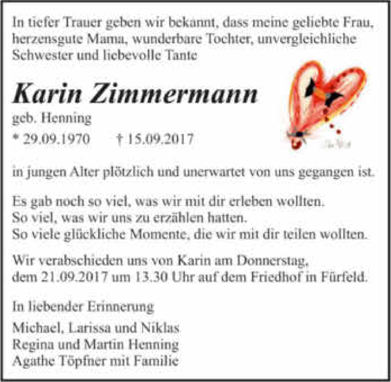  Traueranzeige für Karin Zimmermann vom 19.09.2017 aus 