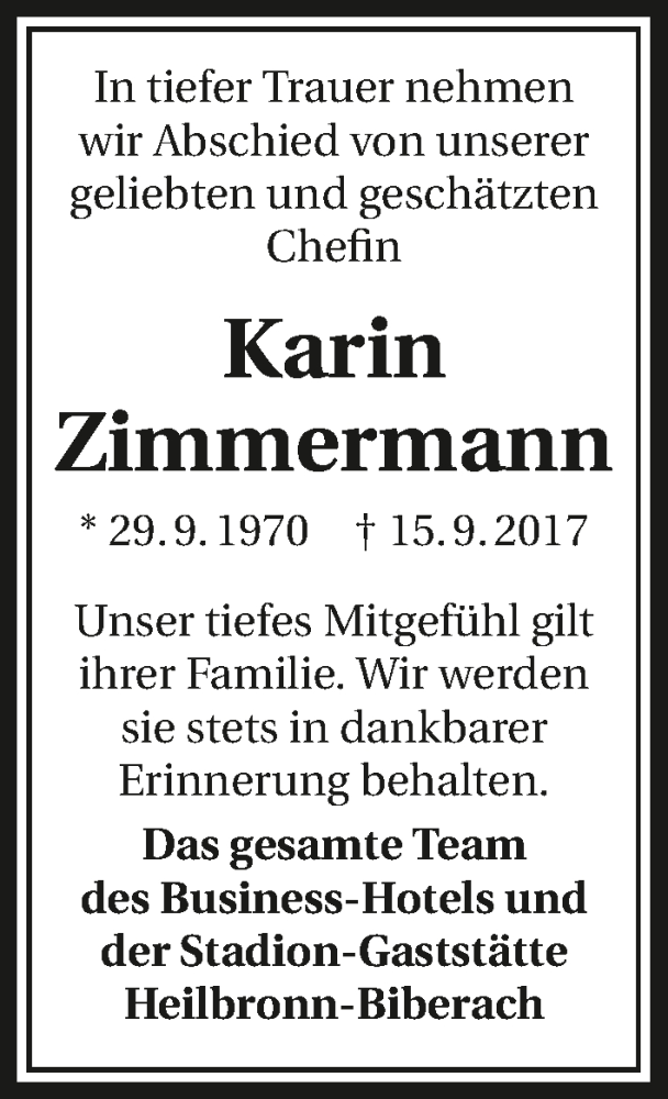  Traueranzeige für Karin Zimmermann vom 20.09.2017 aus 