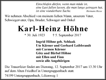 Traueranzeige von Karl-Heinz Höhne