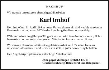 Traueranzeige von Karl Imhof 