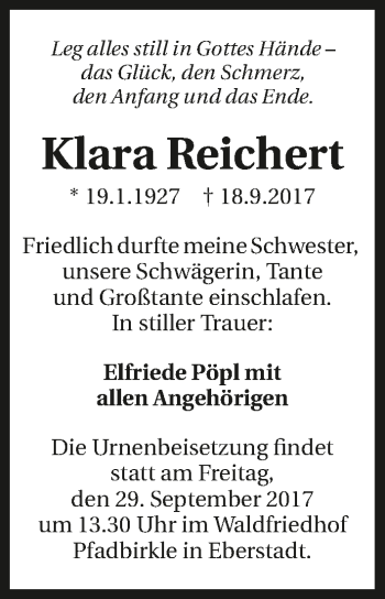 Traueranzeige von Klara Reichert 
