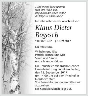Traueranzeige von Klaus Dieter Bogesch 