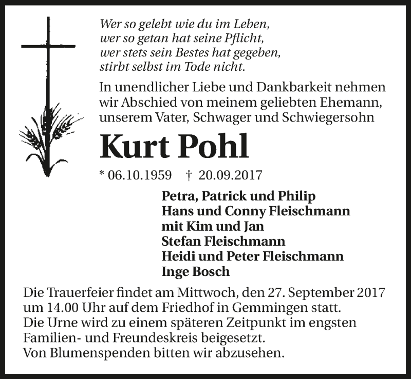  Traueranzeige für Kurt Pohl vom 23.09.2017 aus 