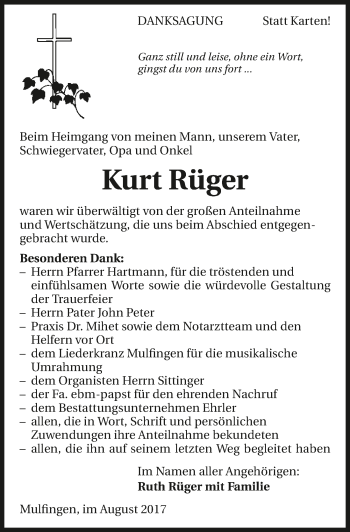 Traueranzeige von Kurt Rüger 