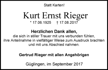 Traueranzeige von Kurt Ernst Rieger 