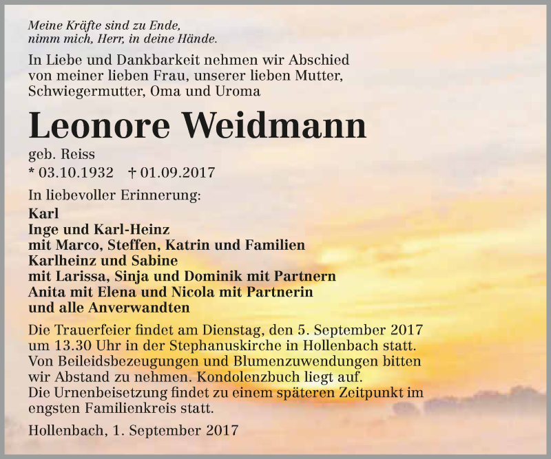  Traueranzeige für Leonore Weidmann vom 02.09.2017 aus 