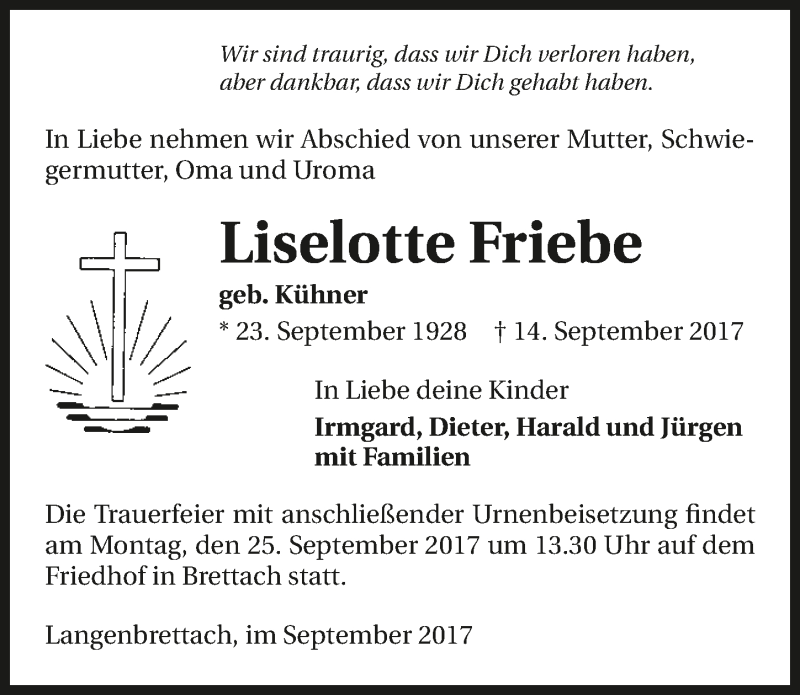  Traueranzeige für Liselotte Friebe vom 22.09.2017 aus 
