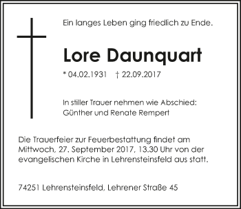 Traueranzeige von Lore Daunquart 